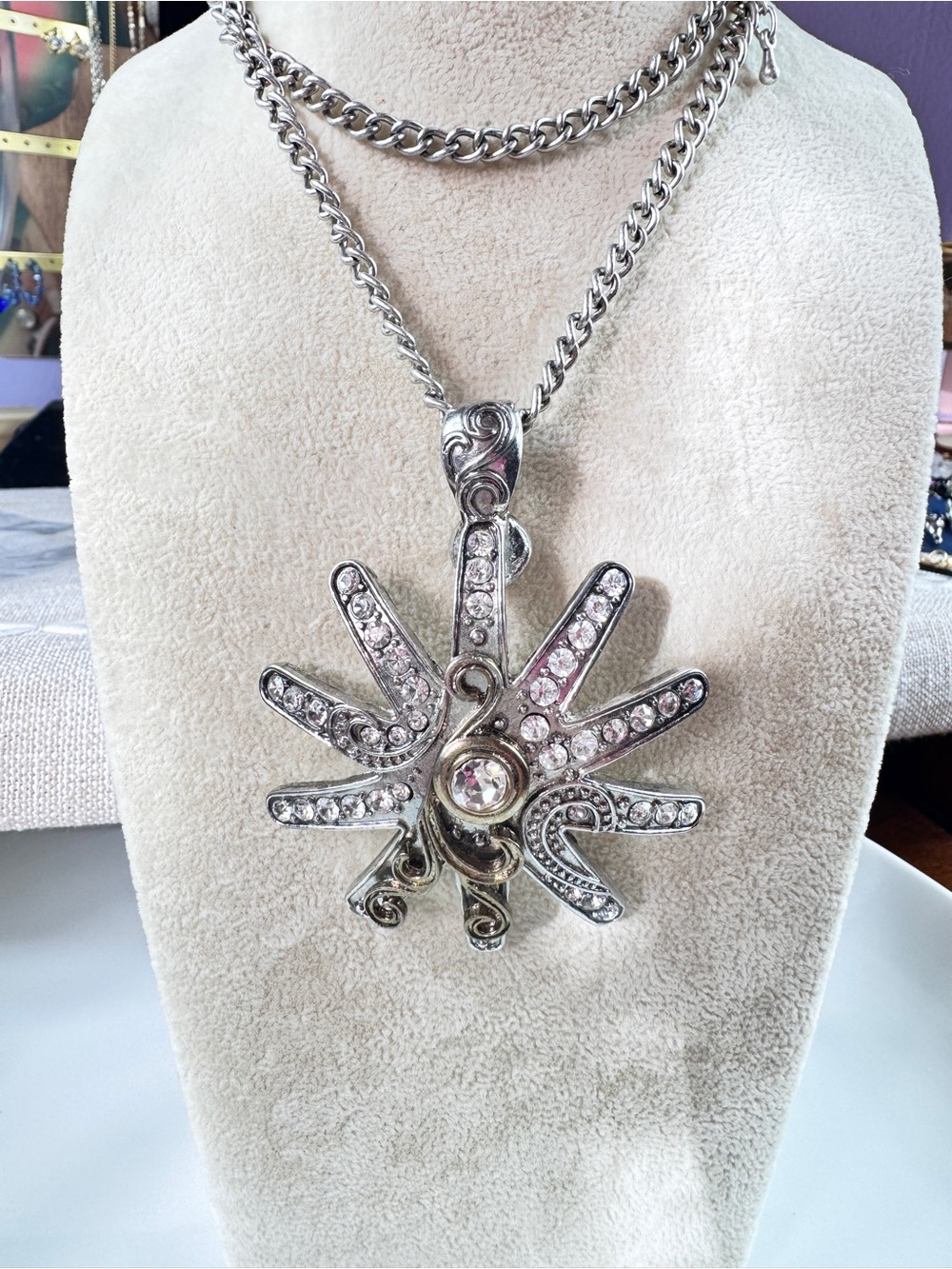 925 Silver Crystal Sunburst Pendant Necklace